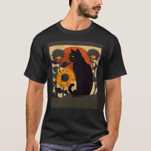 Schwarze Katze pflegt Sonnenblume T-Shirt