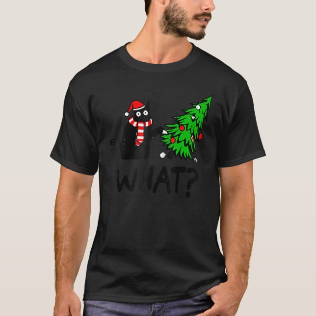 Schwarze Katze Pushing Weihnachtsbaum über Katze W T-Shirt (Vorderseite)
