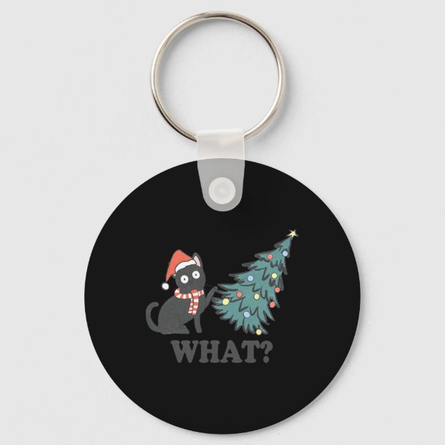 Schwarze Katze Pushing Weihnachtsbaum Was Weihnach Schlüsselanhänger (Vorderseite)