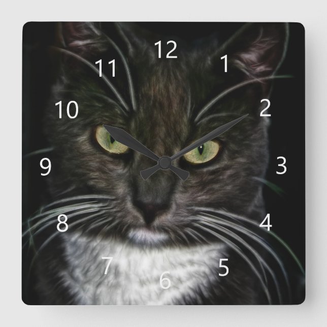 Schwarze Katze Quadratische Wanduhr (Vorderseite)