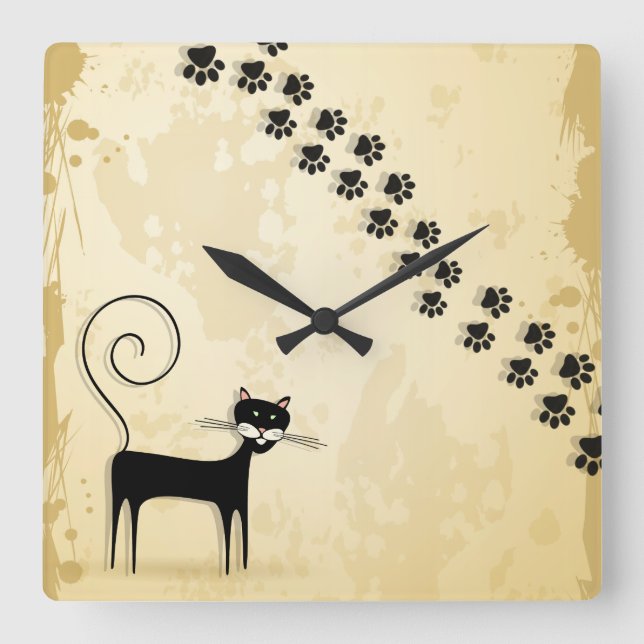 Schwarze Katze Quadratische Wanduhr (Vorderseite)