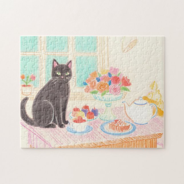 Schwarze-Katze-Rätsel zur Teezeit – gemütliche Win (Horizontal)