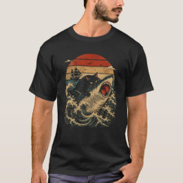 Schwarze Katze reitet auf einem wilden Hai T-Shirt