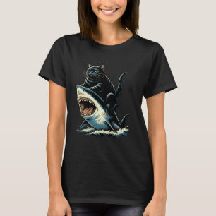 Schwarze Katze reitet auf Hai lustige Grafik T-Shirt