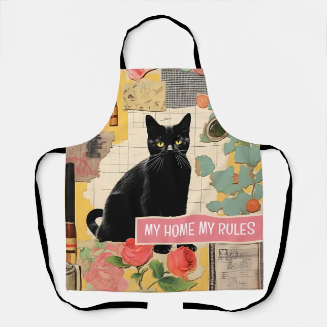 Schwarze Katze Retro-Collage Schürze (Vorderseite)