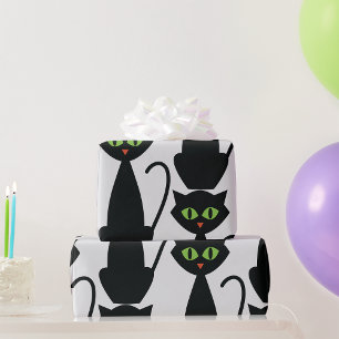 Schwarze Katze Retro Grünäugige Halloween-Silhouet Geschenkpapier