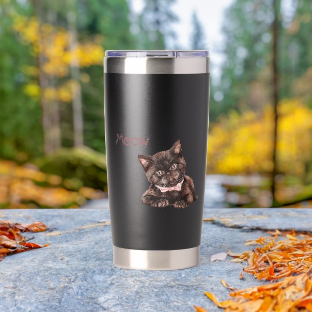 Schwarze Katze rosa Schleife Thermobecher (Außenbereich (gedreht))