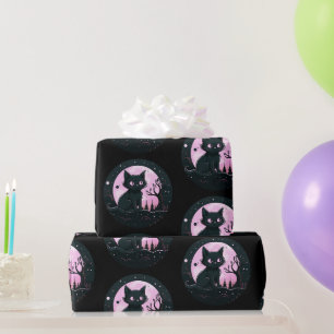 Schwarze Katze Rosa Vollmond Himmelszelt Schwarzes Geschenkpapier