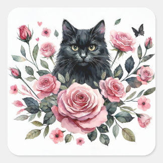 Schwarze Katze Rosen Farbe Quadratischer Aufkleber
