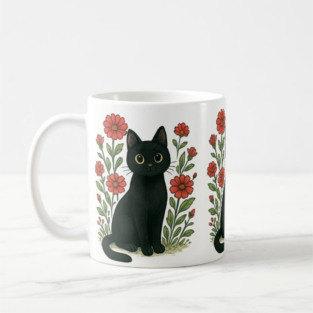Schwarze Katze & Rote Blumen Tasse (Links)