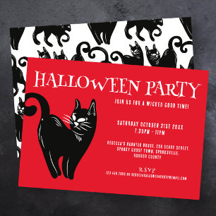 Schwarze Katze rote Halloween-Party-Einladung Einladung