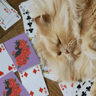 Schwarze Katze Rote Rosen Lila Spielkarten
