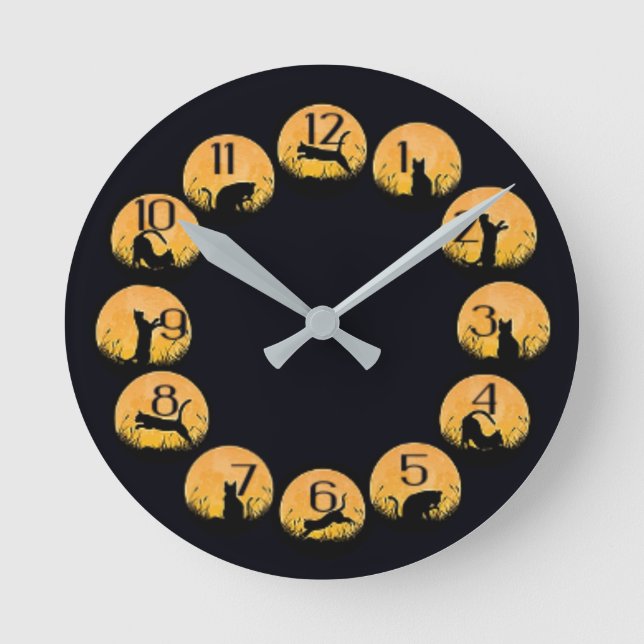 Schwarze Katze Runde Wanduhr (Vorderseite)
