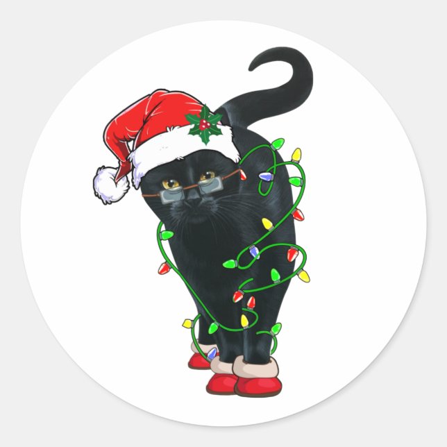 Schwarze Katze Santa in Weihnachtsbeleuchtung aufg Runder Aufkleber (Vorderseite)