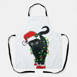 Schwarze Katze Santa in Weihnachtsbeleuchtung aufg Schürze