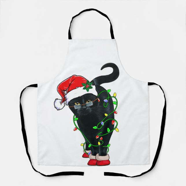 Schwarze Katze Santa in Weihnachtsbeleuchtung aufg Schürze (Vorderseite)