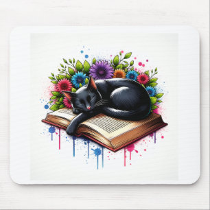 Schwarze Katze Schlafen mit Blume Mousepad