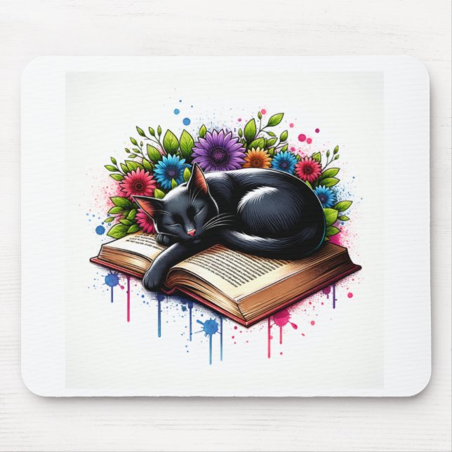 Schwarze Katze Schlafen mit Blume Mousepad (Vorne)