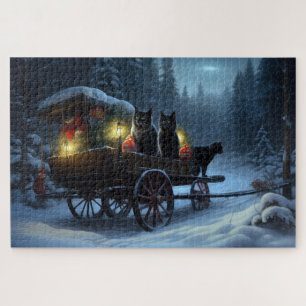 Schwarze Katze Schneebedeckter Schlitten Weihnacht