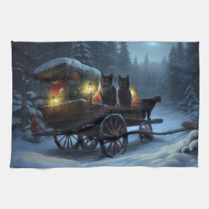 Schwarze Katze Schneebedeckter Schlitten Weihnacht Geschirrtuch