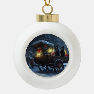 Schwarze Katze Schneebedeckter Schlitten Weihnacht Keramik Kugel-Ornament