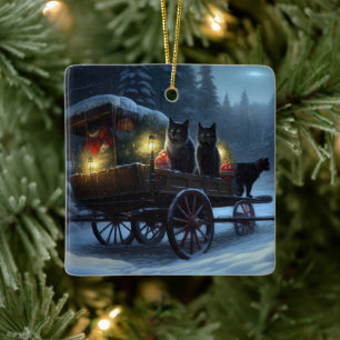 Schwarze Katze Schneebedeckter Schlitten Weihnacht Keramikornament
