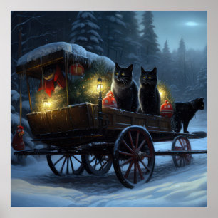 Schwarze Katze Schneebedeckter Schlitten Weihnacht Poster