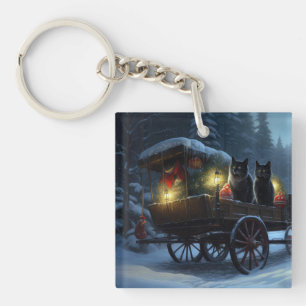Schwarze Katze Schneebedeckter Schlitten Weihnacht Schlüsselanhänger