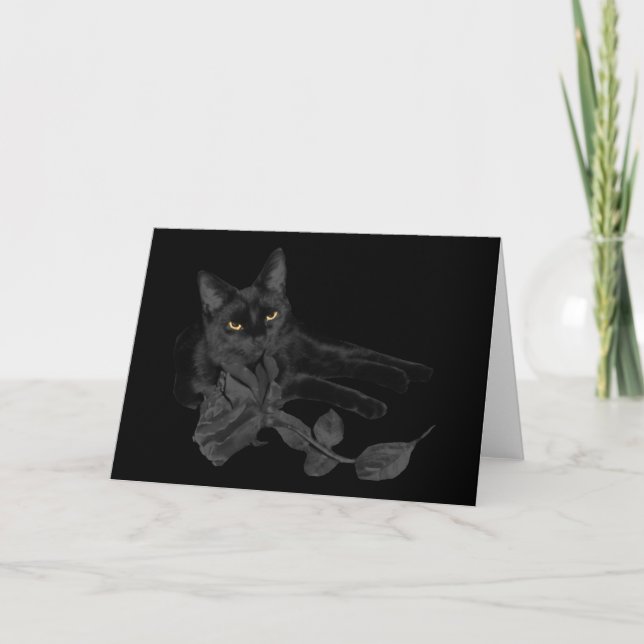 Schwarze Katze, Schwarze Rose Grußkarte Karte (Vorderseite)