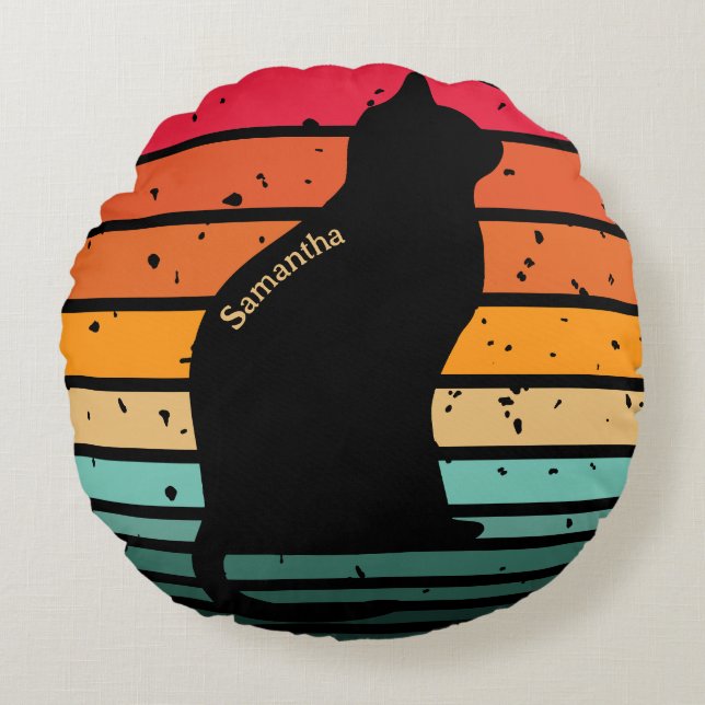 Schwarze Katze Silhouette auf Regenbogen Rundes Kissen (Vorderseite)