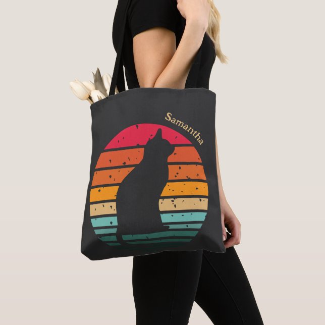 Schwarze Katze Silhouette auf Regenbogen Tasche (Von Nahem)