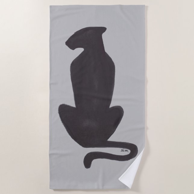 Schwarze Katze Silhouette graues Strandtuch (Vorderseite)
