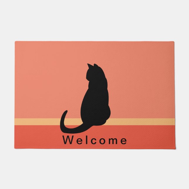 Schwarze Katze Silhouette Orange & Black WELCOME Fußmatte (Vorderseite)