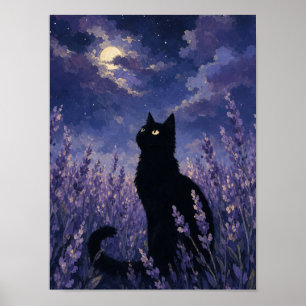 Schwarze Katze Silhouette Wandkunst — Lavendelfeld Poster