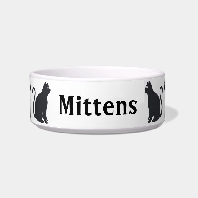 Schwarze Katze Sitzen Haustierschüssel - Mit Monog Napf (Vorderseite)