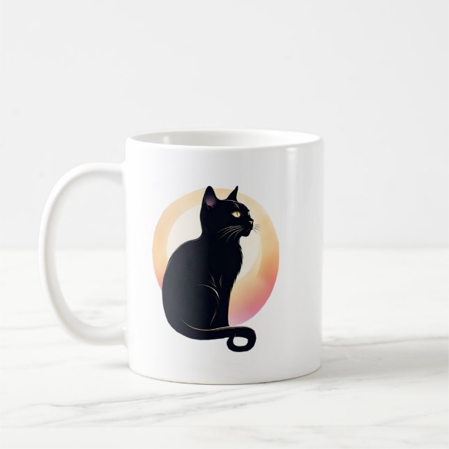 Schwarze Katze sitzend Kaffeetasse (Links)