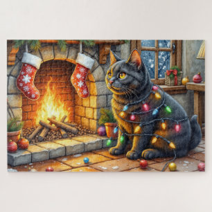 Schwarze Katze sitzt am Kamin mit Weihnachtslichte