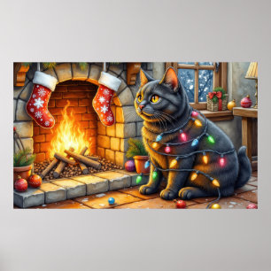 Schwarze Katze sitzt am Kamin mit Weihnachtslichte Poster