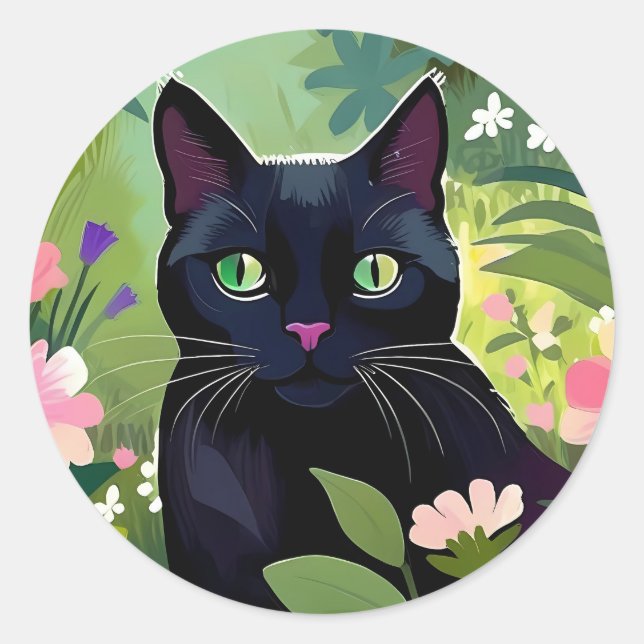 Schwarze Katze sitzt auf einem Feld von Blume Runder Aufkleber (Vorderseite)