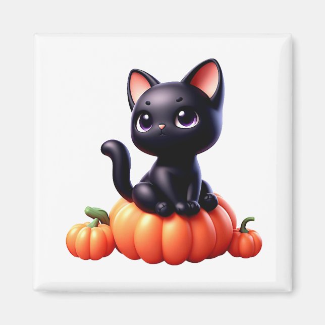 Schwarze Katze sitzt auf einem Kürbis Magnet (Vorne)