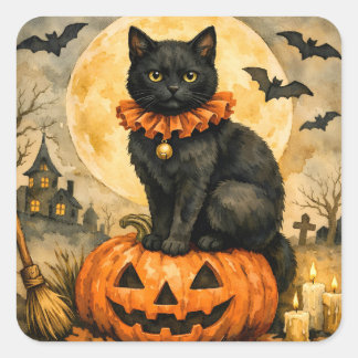 Schwarze Katze sitzt auf Halloween-Kürbis Quadratischer Aufkleber