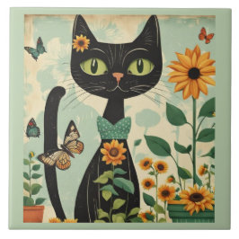 Schwarze Katze, Sonnenblumen, Schmetterlinge, einh Fliese