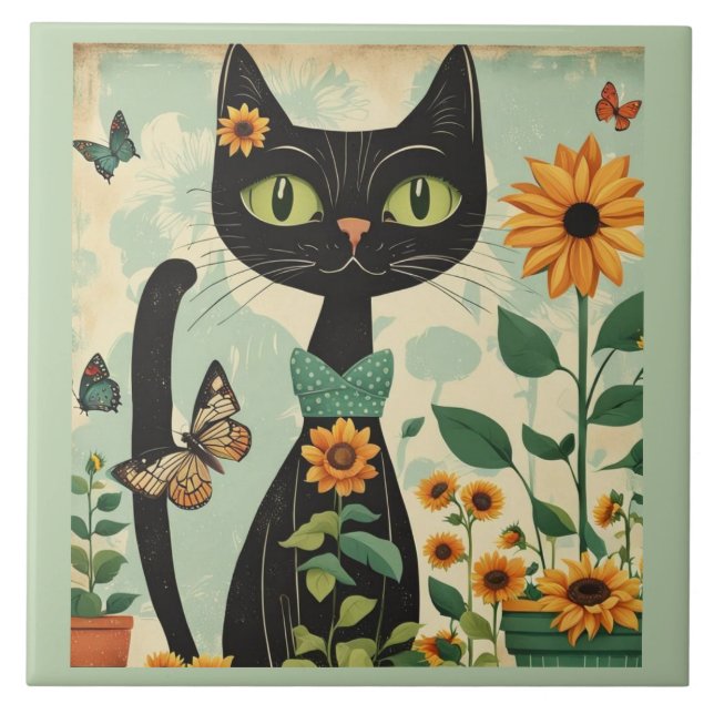 Schwarze Katze, Sonnenblumen, Schmetterlinge, einh Fliese (Vorderseite)