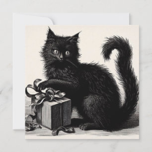 Schwarze Katze spielt mit Geschenk und Schleife Vi Karte
