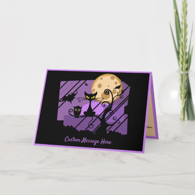 Schwarze Katze Spooky Owl Bat Lila Vollmond Karte (Vorderseite)