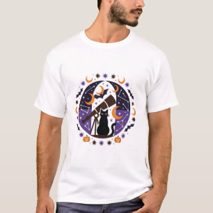 Schwarze Katze Sternengucker Halloween Nacht T-Shirt