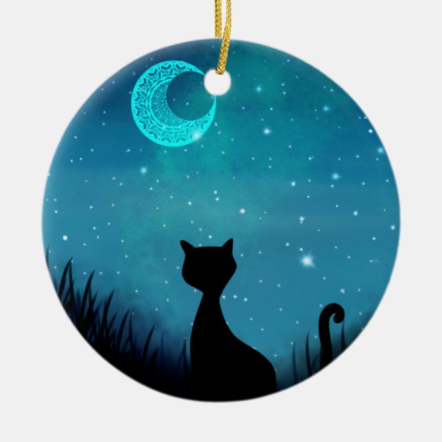 Schwarze Katze Sternenhimmel Halbmond Keramik Ornament (Vorne)