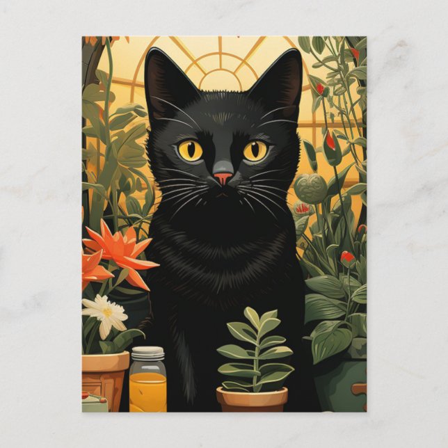 Schwarze Katze Stillleben Posen in Blume Malerei Postkarte (Vorderseite)