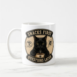 Schwarze Katze Tasse | Snacks zuerst, Fragen späte