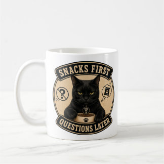 Schwarze Katze Tasse | Snacks zuerst, Fragen späte